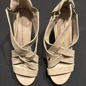 Chinese Laundry Cream Tan Wedge Sandals with Strappy Design